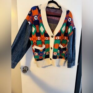 She + Sky Multicolor Geometric Cardigan with Denim Sleeves